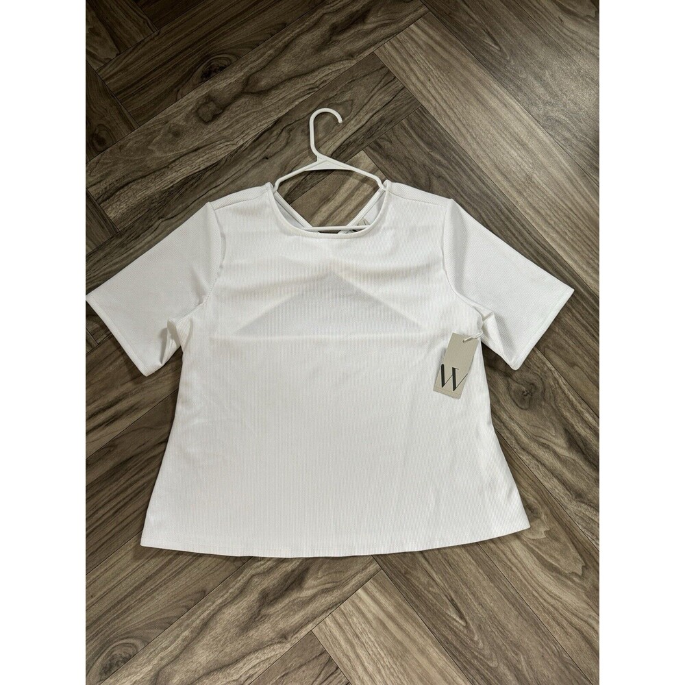 Worthington Women Top OX White Crop Cutout Twist Fitted Short Sleeve